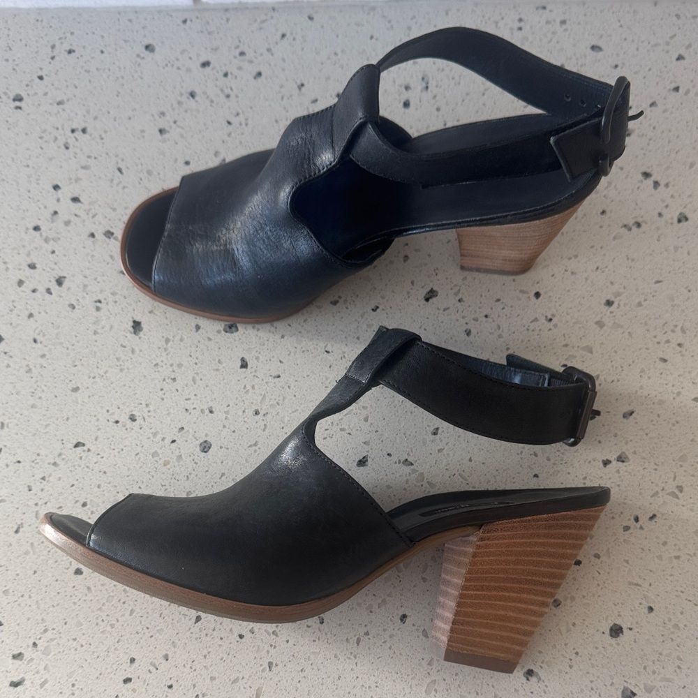 Paul Green Black Leather Ankle Strap with Buckle Peep Toe Heeled Sandals Sz US 8